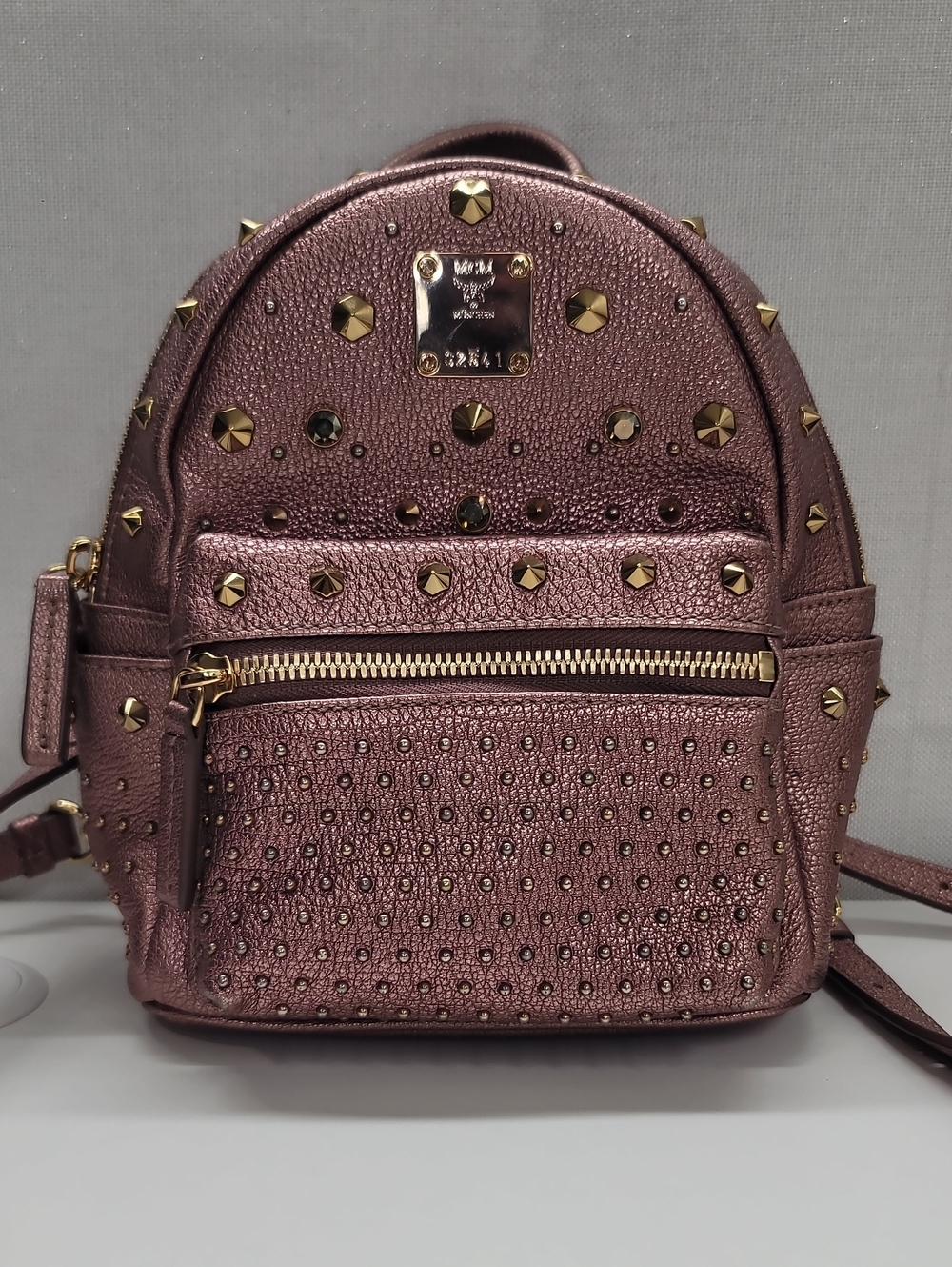MCM Stark Bebe Boo Studded Metallic Rose Mini Backpack